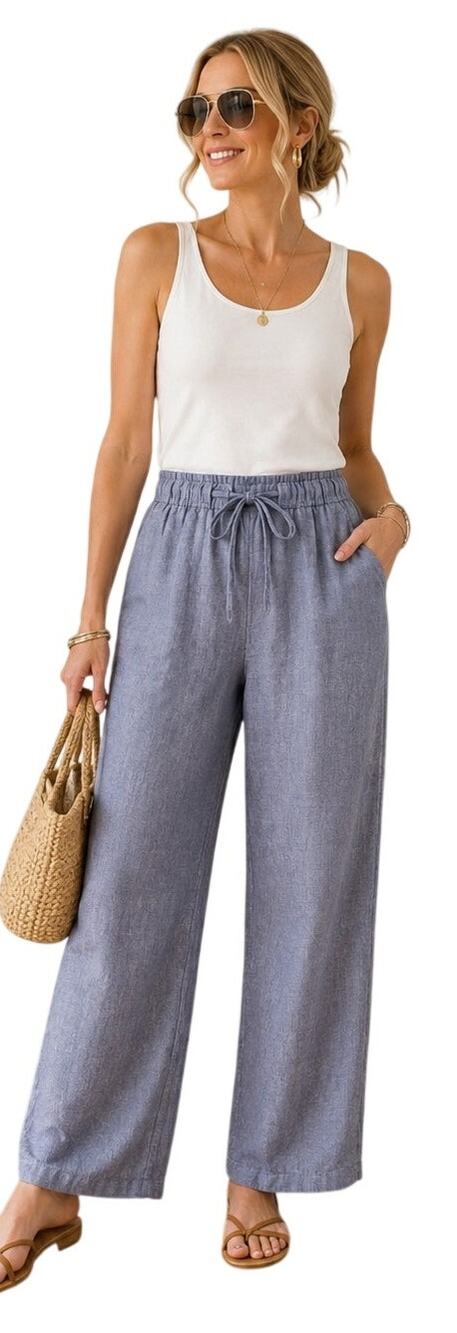 JNY Jones New York Women's 100% Linen Drawstring Wide Leg Pants Size L NWT